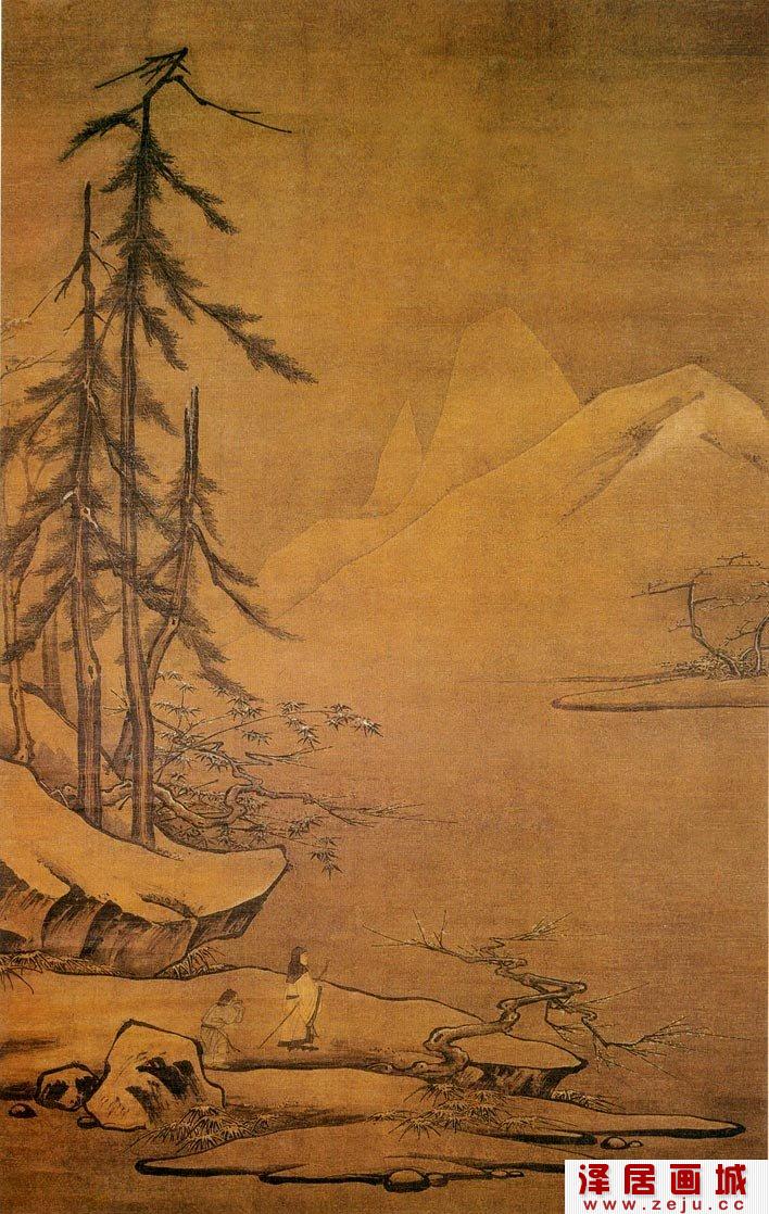 马远《雪履观梅图轴》描绘雪中松树和梅花的宋代名画