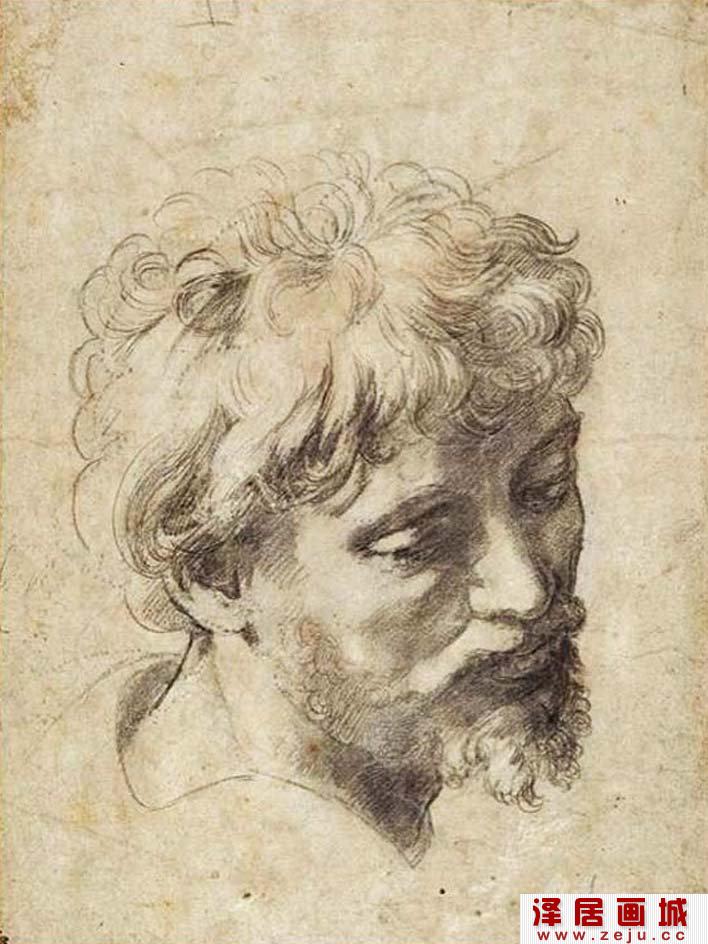 拉斐尔粉笔素描作品《年轻使徒头像》高清大图