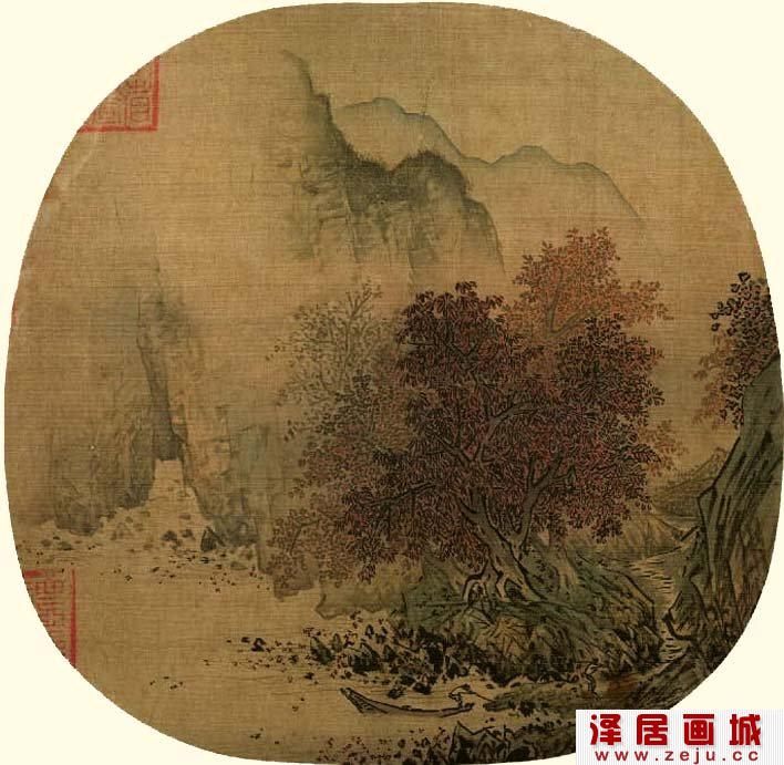 萧照《秋山红树图》_宋代团扇扇面山水小景画赏析