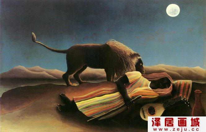 卢梭森林风景油画：睡着的吉普赛人