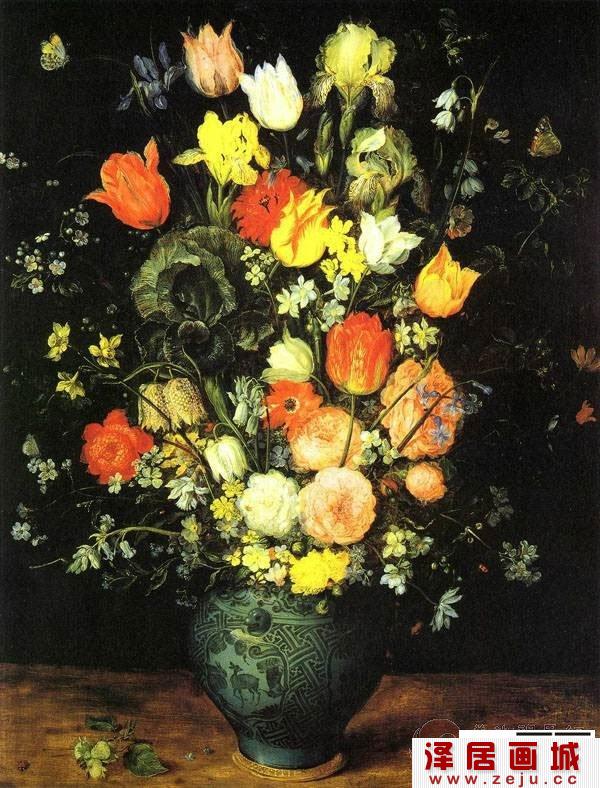 蓝色花瓶里的花束-静物油画-世界名画欣赏