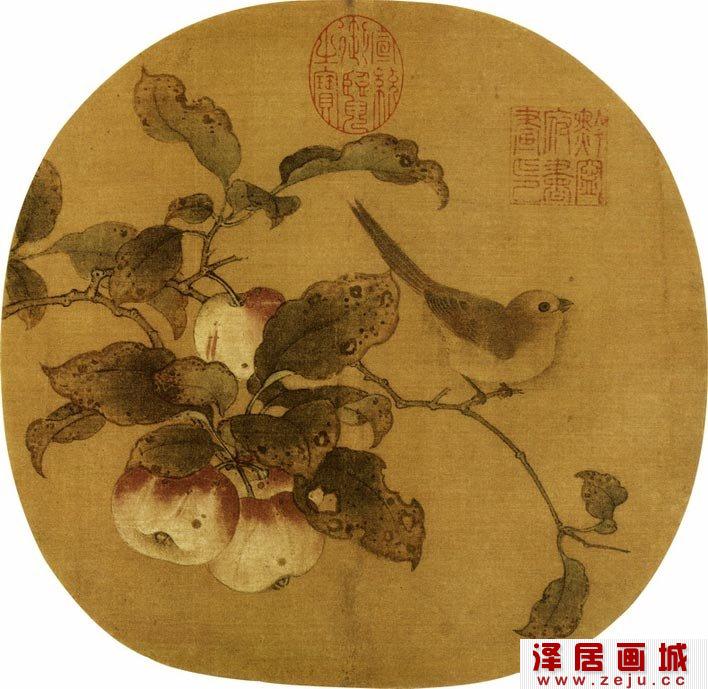 宋代《苹果山鸟图》_国画苹果和山鸟的工笔花鸟扇面