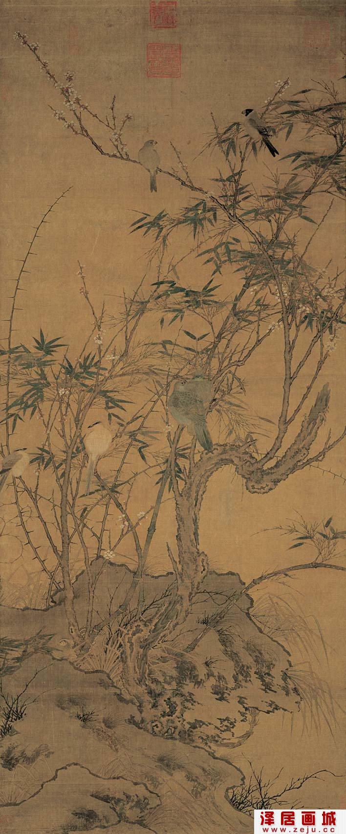 赵佶《梅竹聚禽图》_宋徽宗描绘梅花竹子伯劳绿鸠鹌鹑的花鸟画