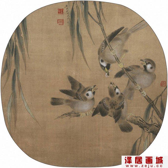 宋代《杨柳乳雀图》_纨扇扇面工笔花鸟画
