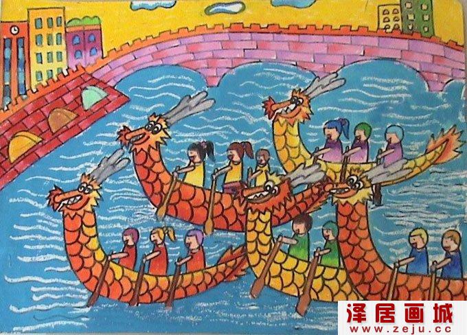 端午节赛龙舟儿童画，端午赛龙舟儿童水粉画图片