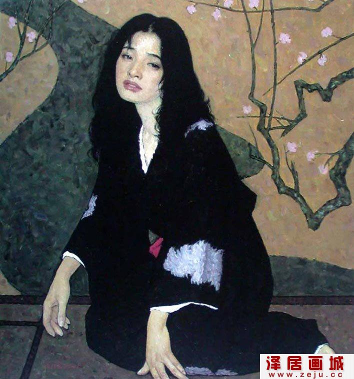 靳尚谊《醉》2001创作的两幅穿和服的女人油画作品