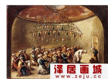 安东尼奥·瓜尔迪油画：土耳其人在祈祷的清真寺