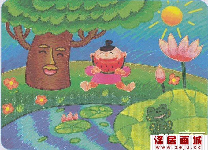 小河边的快乐交响曲 儿童画青蛙大树荷花和吃西瓜的小男孩