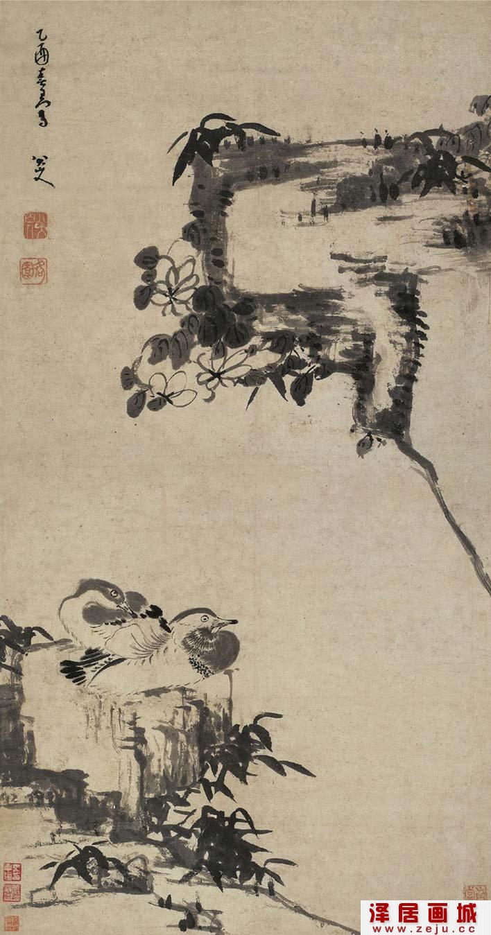 八大山人《竹石鸳鸯》_朱耷水墨写意花鸟画代表作品