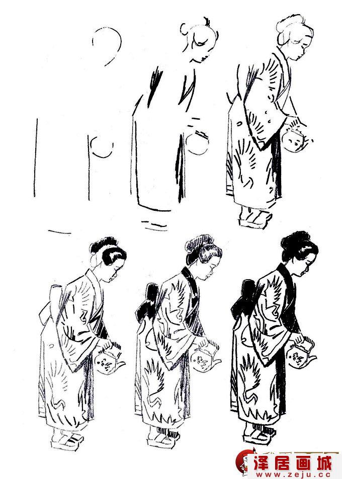 人物速写教程：日本女人躬身倒茶速写步骤