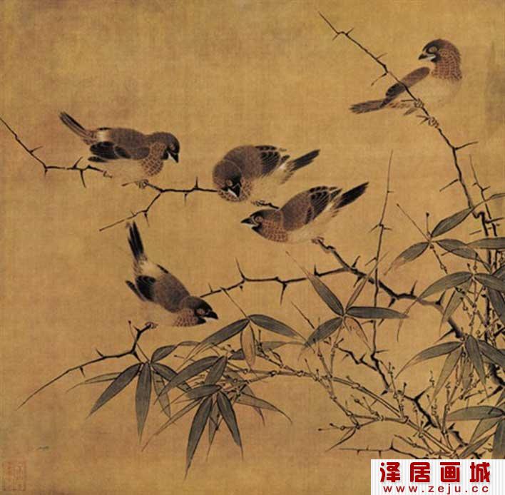 《雪竹寒雏图》_描绘竹子和白腰文鸟的宋代工笔花鸟画