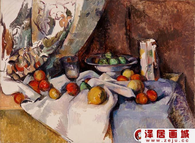 有桃子和苹果的静物_塞尚静物油画名画