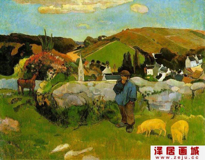 高更人物风景油画《布列塔尼的猪倌/养猪人》