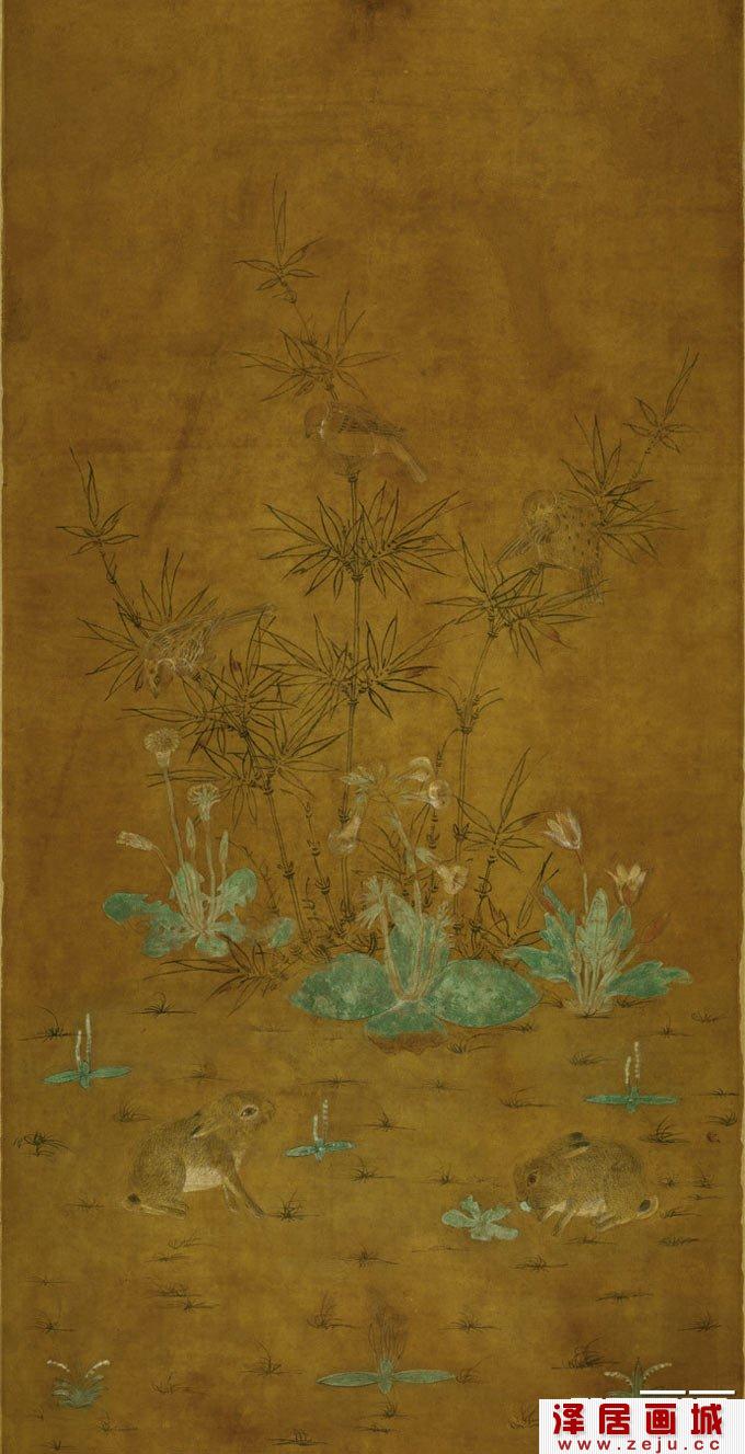 国画珍品欣赏《竹雀双兔图》辽代花鸟画