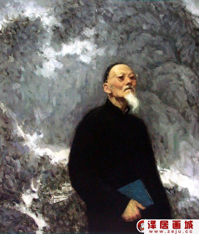 靳尚谊《画家黄宾虹》_1995年创作的山水画背景站姿黄宾虹肖像画