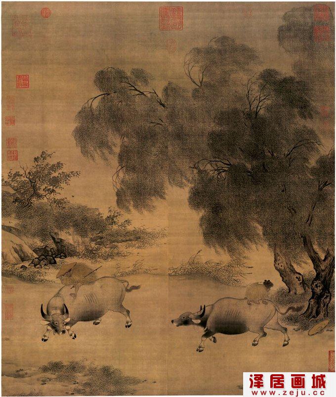 李迪《风雨牧归图》_风俗小景工笔水墨山水画