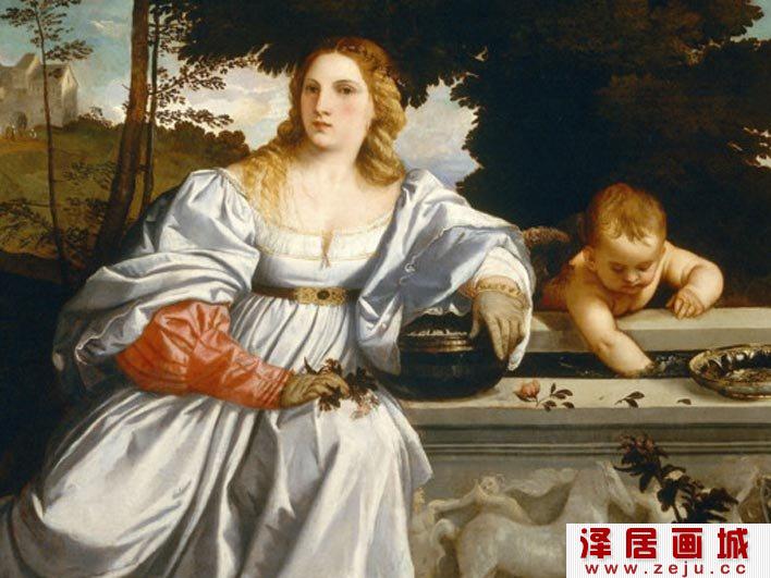 提香《人间的爱与天上的爱/美狄亚和维纳斯·神圣与世俗之爱》局部高清大图