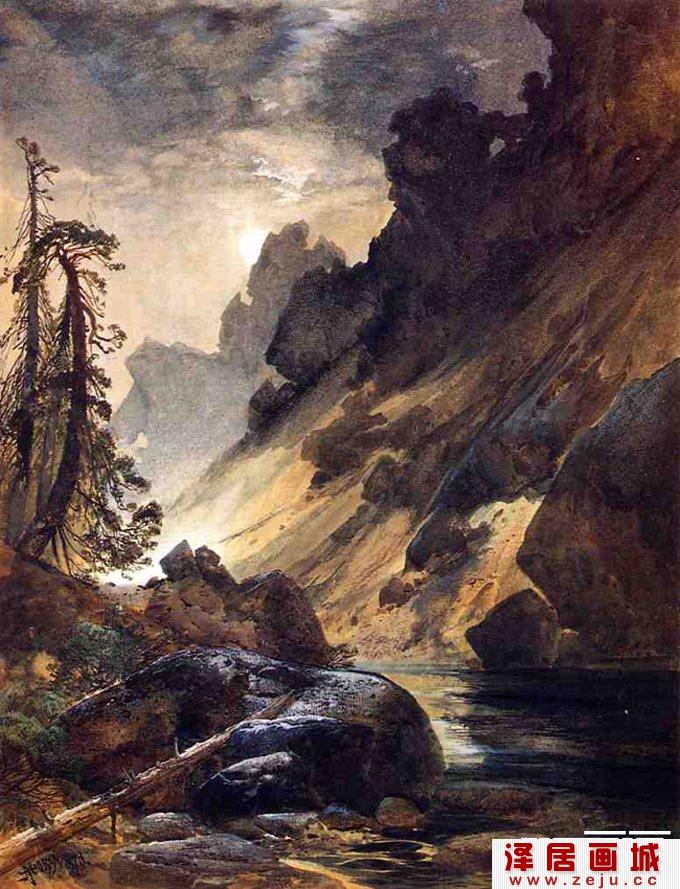水彩画图片《峡谷枯木》-美国画家托马斯·牟兰