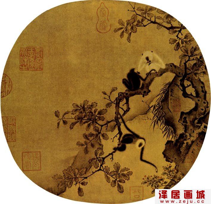 宋代《猿猴摘果图》，猴子树上摘果嬉戏情景工笔画