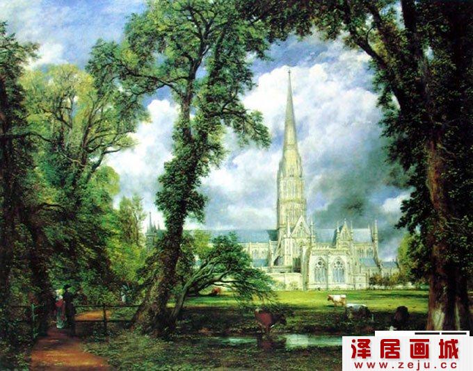 油画：从主教花园望见的索尔兹伯里大教堂-世界风景名画赏析