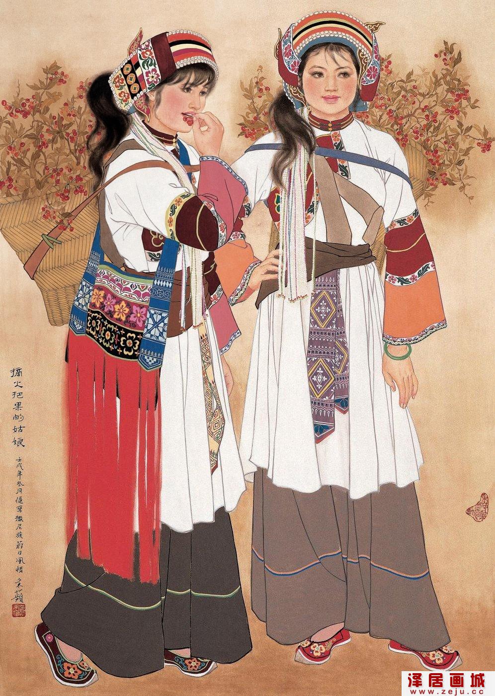 蒋采苹工笔画：摘火把果的姑娘