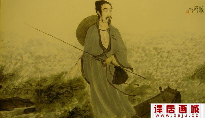 傅抱石《渔父》以散锋笔法描绘屈原及江水风景的国画人物作品