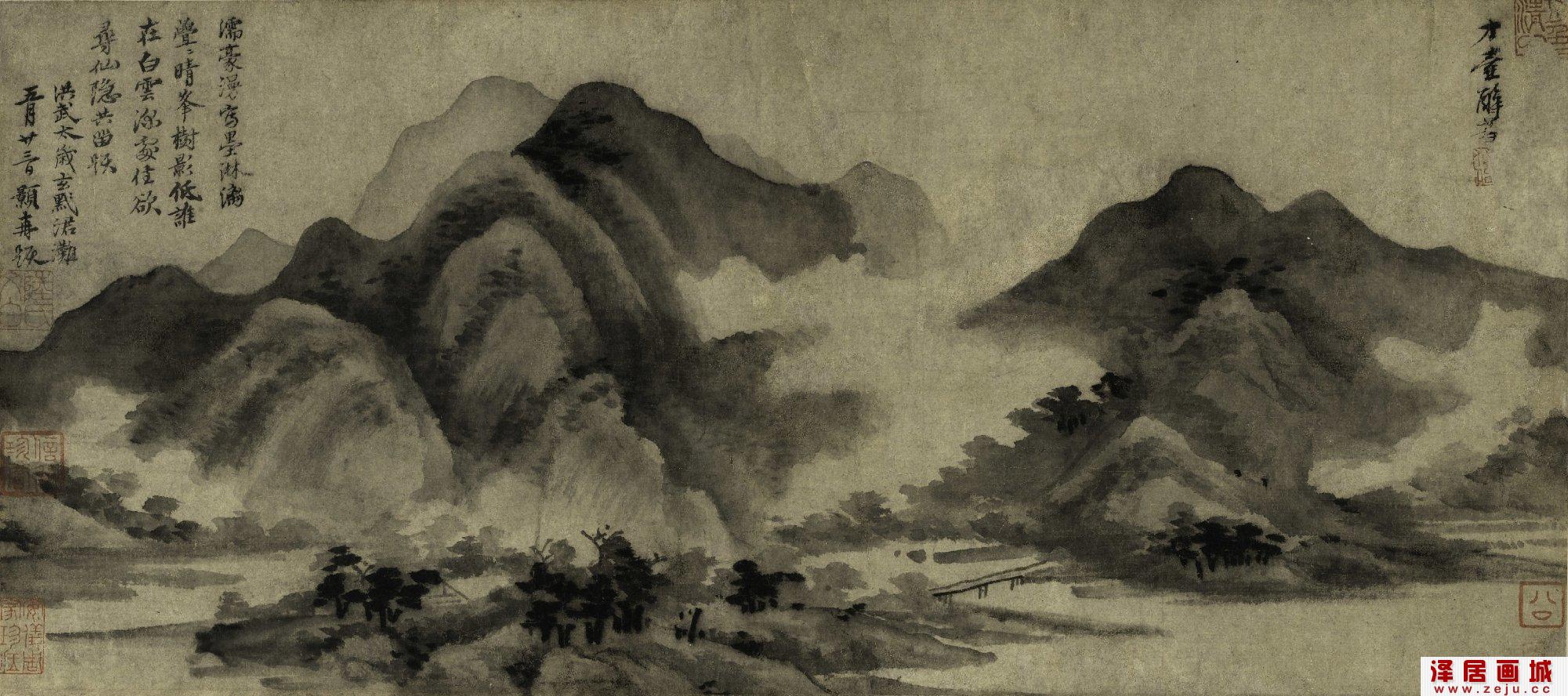 方从义山水画：白云深处图卷
