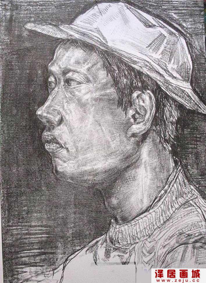 素描戴帽子的男子侧面像,四川美术学院优秀素描试卷