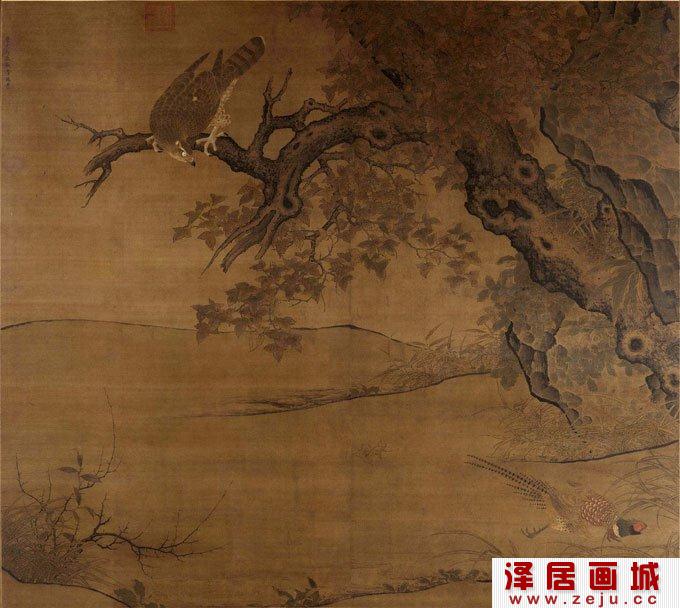 李迪《枫鹰雉鸡图》_宋代巨幅院体工笔花鸟画杰作