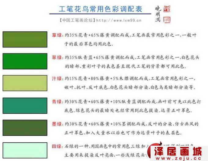 国画中的工笔花鸟画常规色彩调色表1