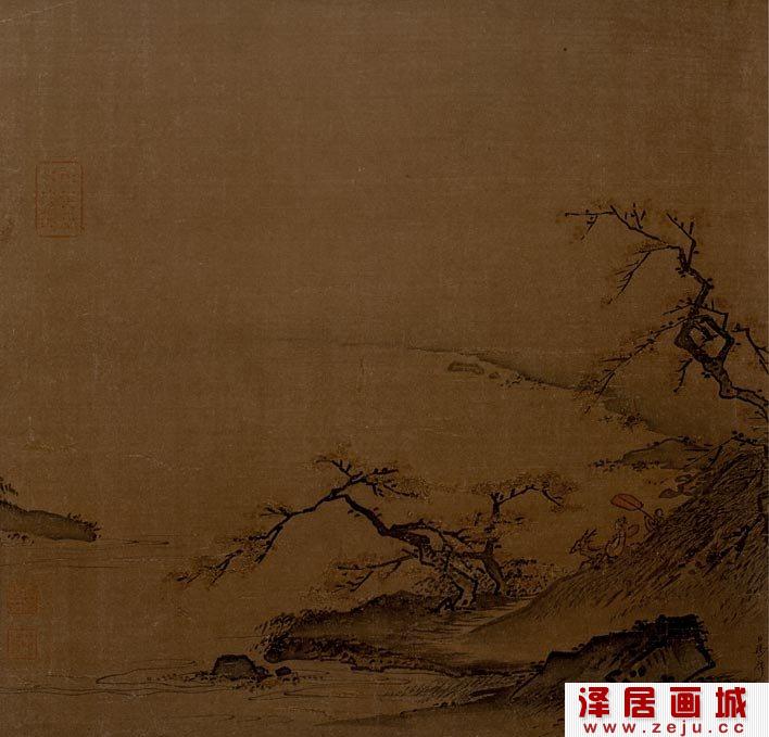 马麟《 溪头秋色图》描绘溪流滩头一角小景的高清大图赏析