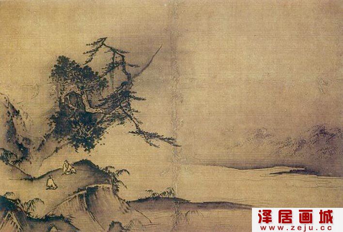 夏圭《松崖客话图》_宋代夏圭水墨山水画名画高清大图赏析