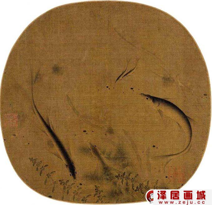 群鱼戏藻图_宋代刘寀纨扇花鸟画作品