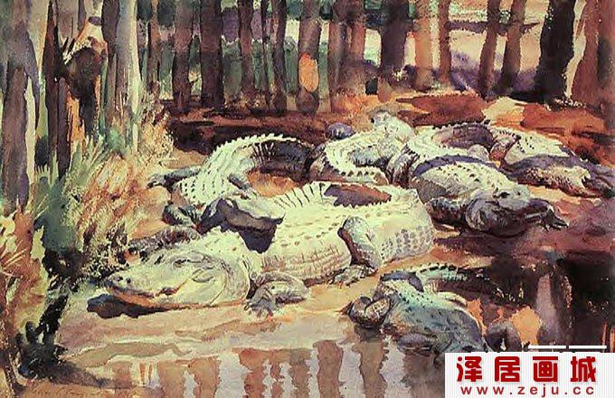 水彩画佳作欣赏：沼泽中的鳄鱼-约翰·辛格·萨金特