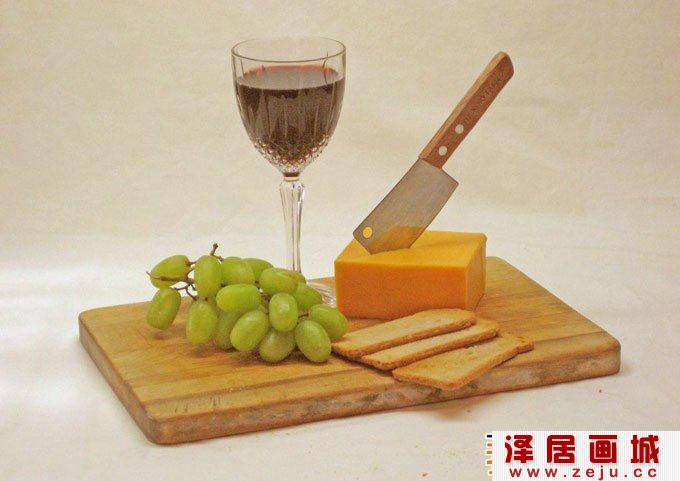 静物水彩画教程:红酒,葡萄,刀,面包,菜板水彩绘画步骤