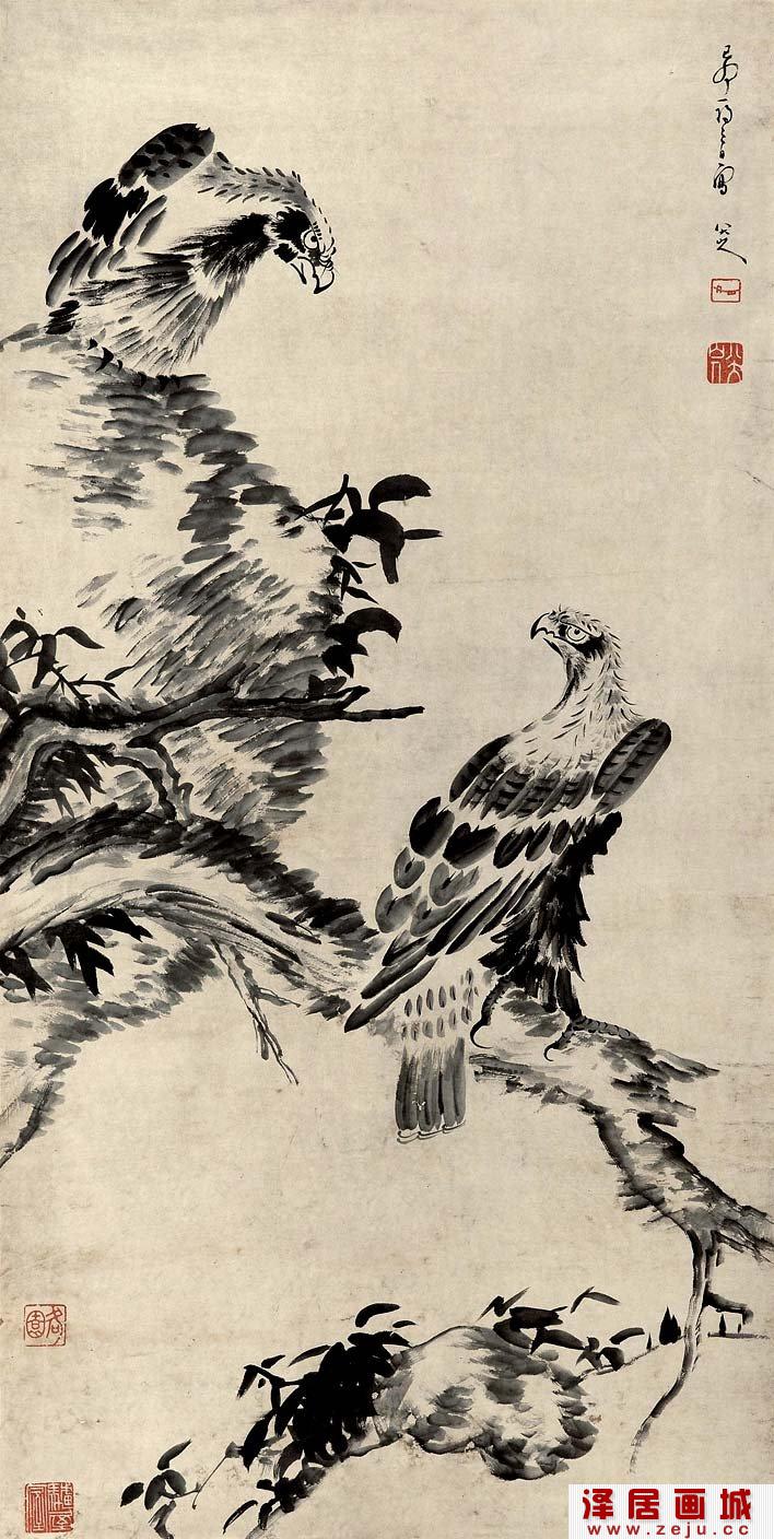 八大山人《双鹰图》_朱耷晚年写双鹰枯树山石水墨精品