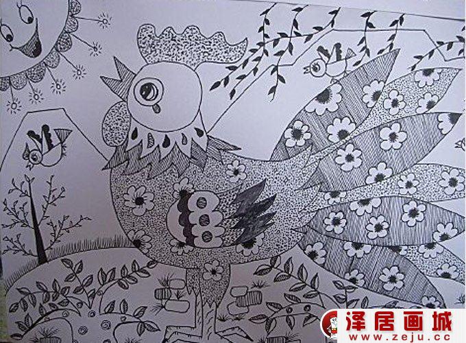 优秀黑白线描儿童画：美丽的公鸡报晓