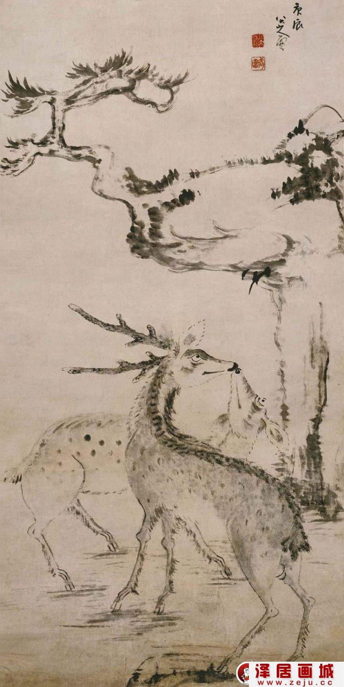 松树双鹿图轴_八大山人水墨写意画