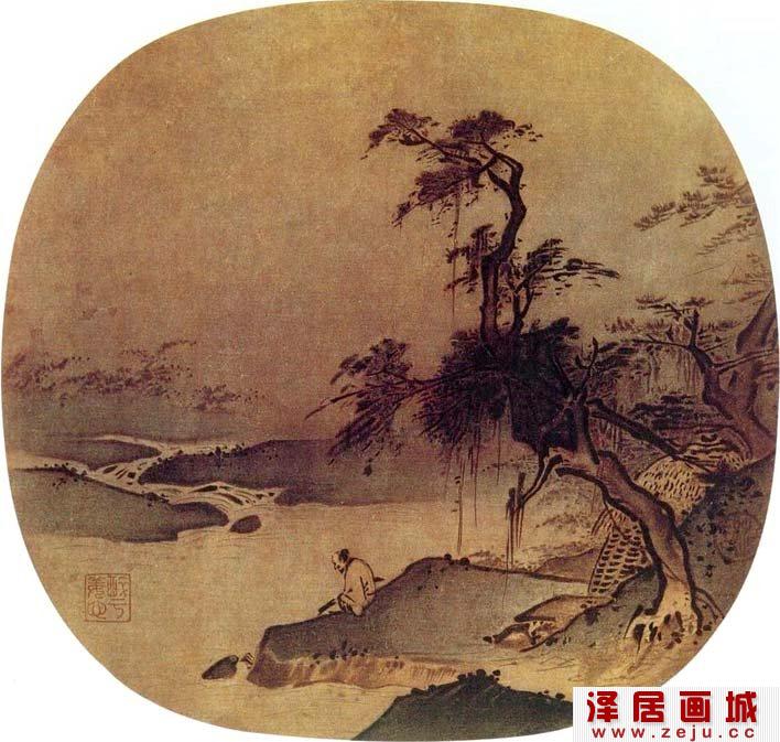 夏圭《临流赋琴图》溪流古树士人扶琴吟诵情景的水墨山水画扇面