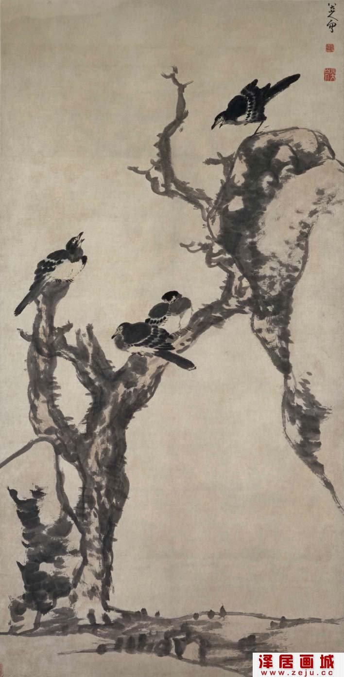 八大山人《枯木寒鸦图》_朱耷花鸟水墨画高清大图赏析