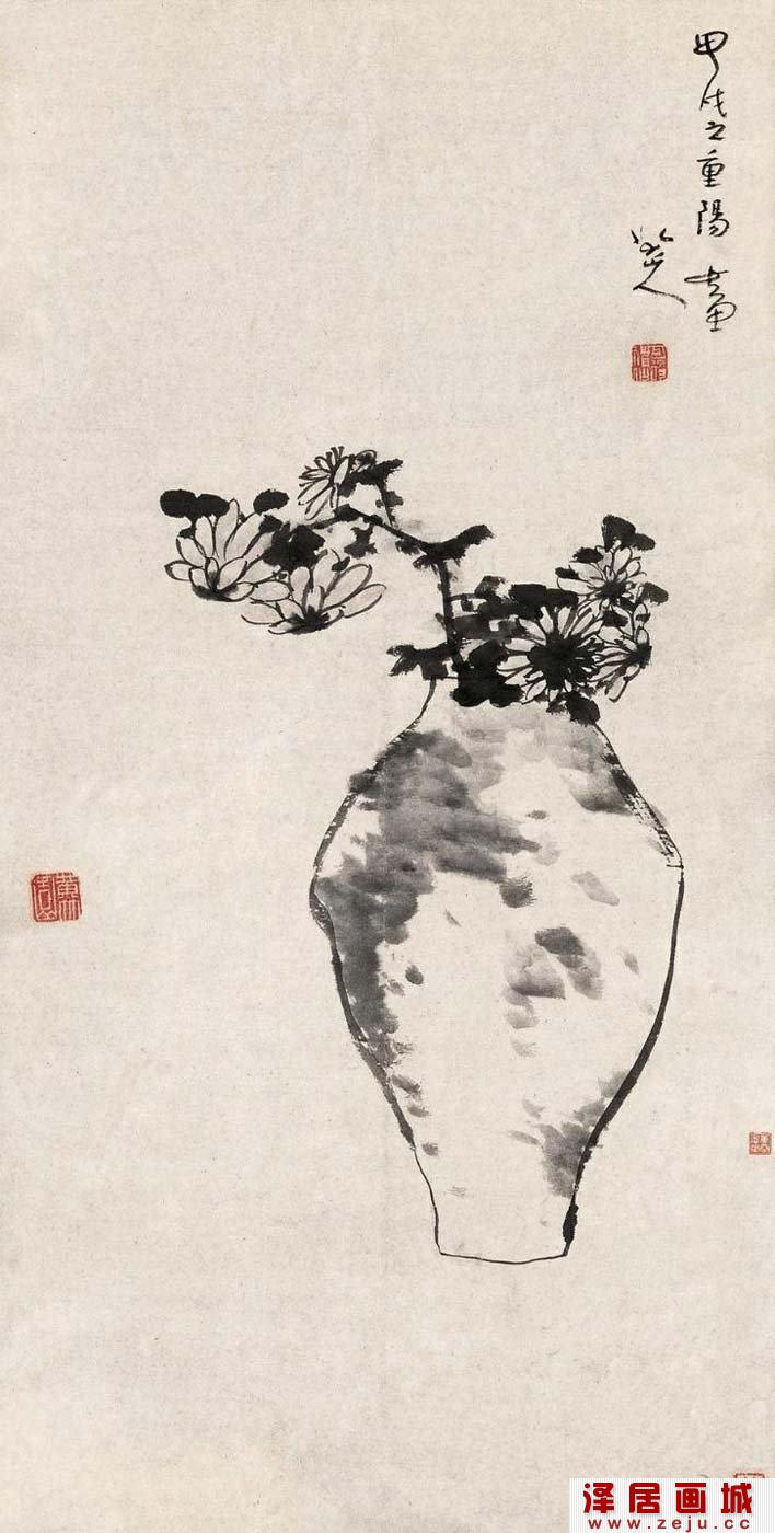 八大山人《瓶菊图》_朱耷晚年杰出水墨写意花鸟画作品