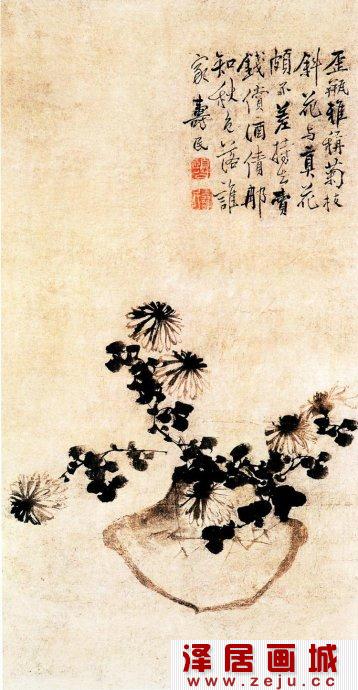 水墨画歪瓶依菊图