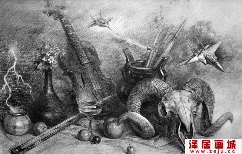 崔炳宪提琴蔬果静物素描