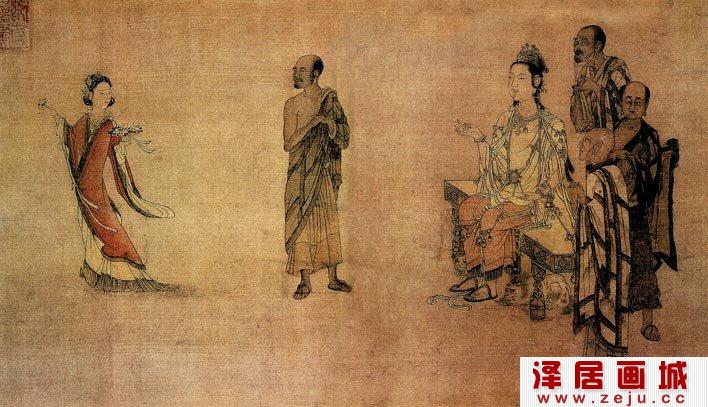 刘松年《天女献花图》描绘天女散花场景的工笔人物画