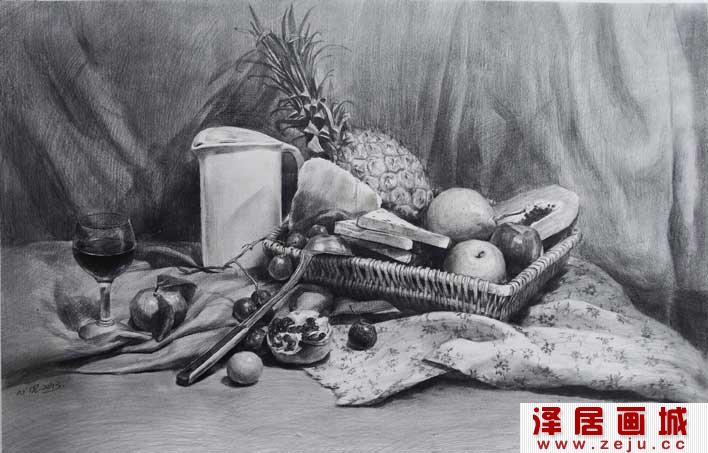 有水果的素描静物：竹筐,牛奶杯,苹果,梨,红酒杯,钢勺,石榴,葡萄