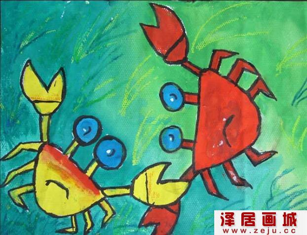 超萌螃蟹儿童水彩画作品欣赏