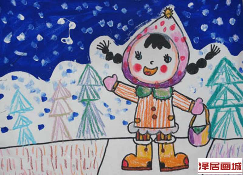 儿童画关于冬天的水彩画-冬天的雪景