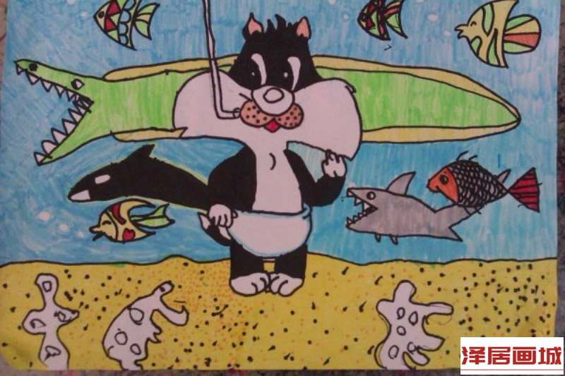 儿童画傻小猫游海底