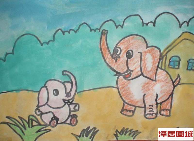 儿童画小象和妈妈