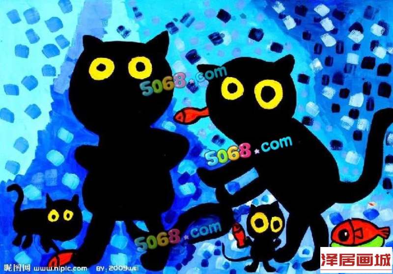 儿童画爱吃鱼的小黑猫们12岁儿童水彩画作品